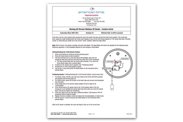 Homing Hands for SiteSync IQ Electric Clocks – Mfg. Dec-2015 to present