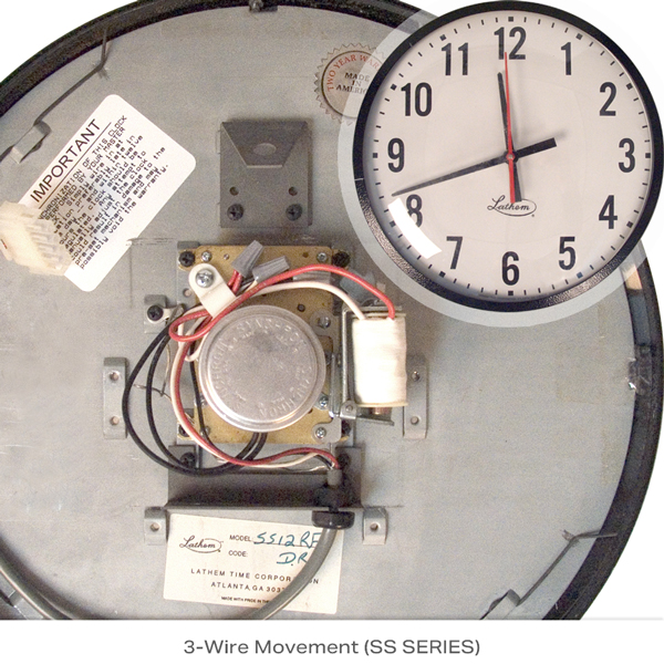 Back of Lathem mechanical clock showing traditional movement.